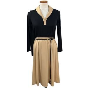 Vintage 70s Happenings Colorblock Dress 6 Black Camel Contrast Belt USA Made